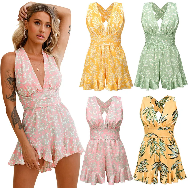 

Summer Halter Jumpsuit Women Sexy Deep V-Neck Backless Rompers Print Wide Leg Playsuits Bandage Oversized Fashion Casual Overall