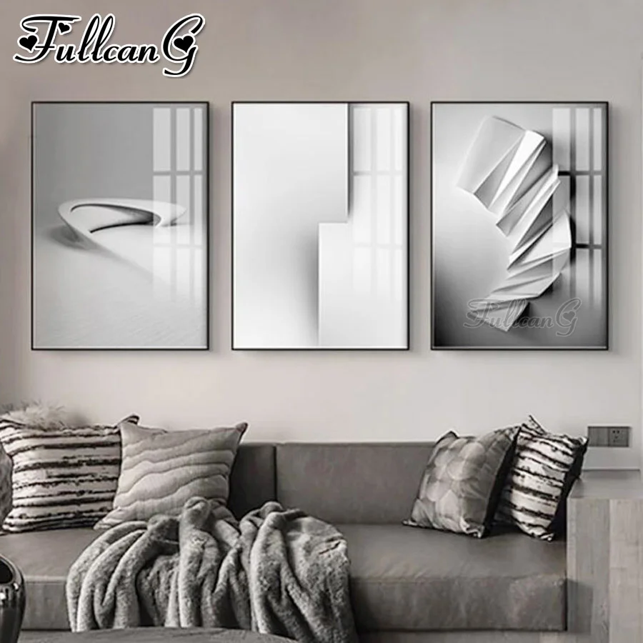 

FULLCANG 5d diy diamond painting nordic black white geometry space full square round rhinestone embroidery abstract line FG0231