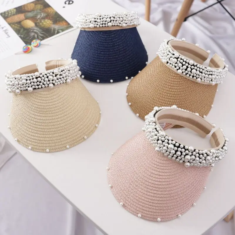 

2021 New Summer Beach Women Sun Hats UV Protection Pearl Packable Sun Visor Hat With Big Heads Wide Brim Female Cap Hot