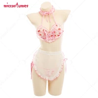 women strawberry milk cow pattern decorated heart shaped see through top lingeries costume maid outfit with thong apron