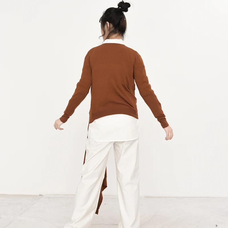 

[EAM] Asymmetrical Pin long Knitting Sweater Loose Round Neck Long Sleeve Women Pullovers New Fashion Spring Autumn 2021 1M40404