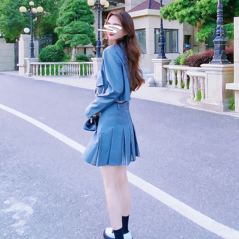 

DEAT 2021 New Spring Autumn Fashion Casual Slim Temperament Solid Blue Vest + Suit Coat With Blue Skirt Two Set Women SL710