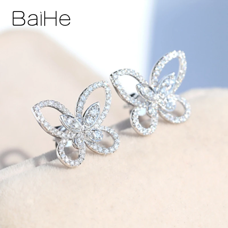 Женские серьги-гвоздики BAIHE из натурального белого золота 14 к со сверкающими