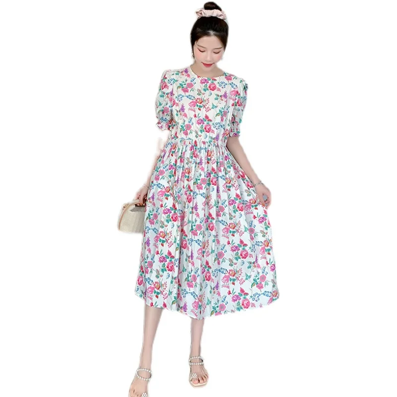 

6825# Summer Korean Fashion Floral Printed Maternity Long Dress Elegant A Line Party Dress Clothes for Pregnant Women Pregnancy