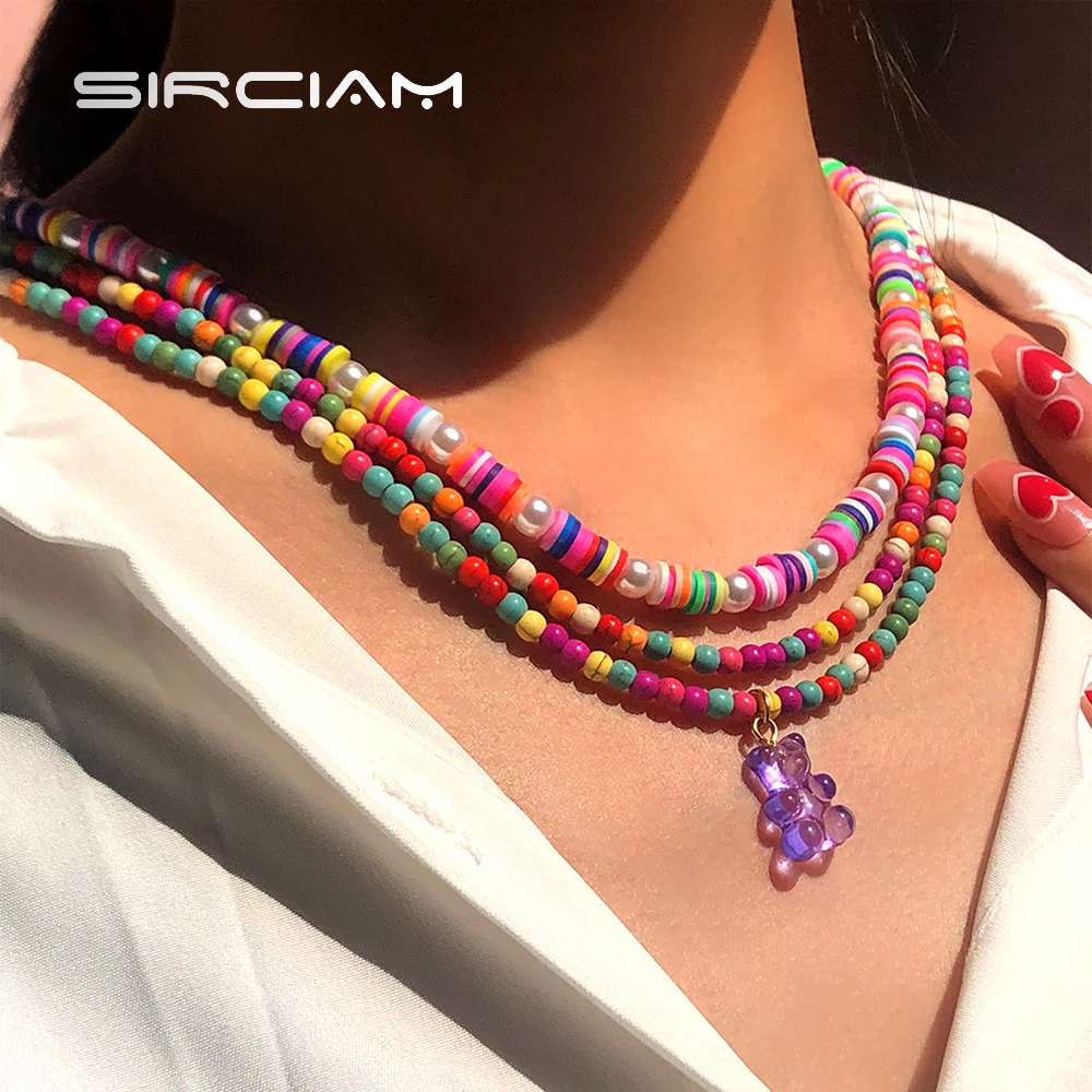 

Layered Little Bear Candy Natural Stone Beaded Necklace For Women Soft Polymer Clay Bead Pearls Choker Summer Wholesale Jewelry