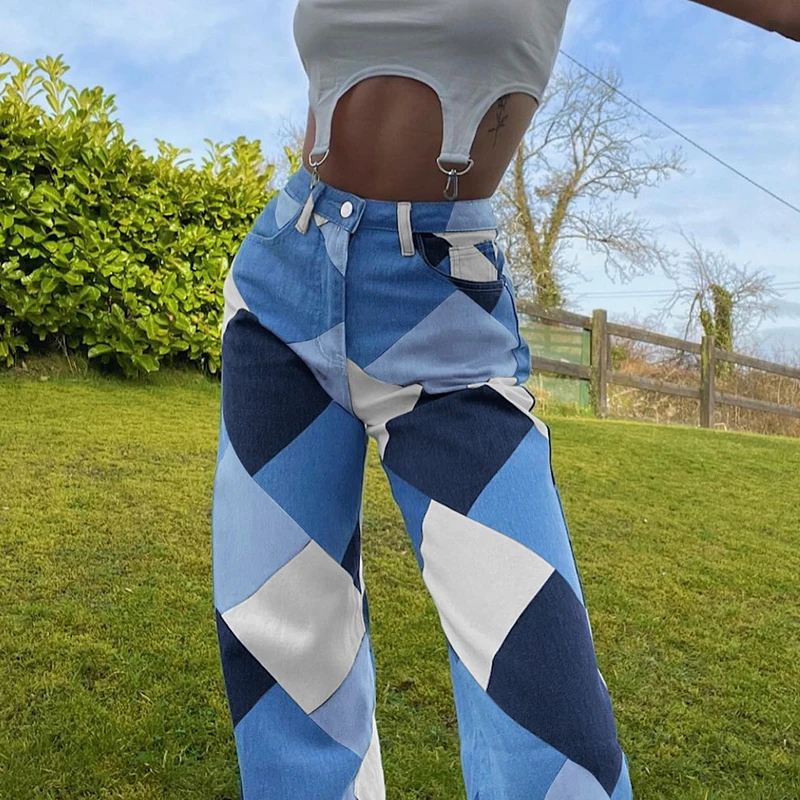 

Women's Vintage High Waist Wide Leg Jeans, Color Block Fashion Denim Pants Trousers
