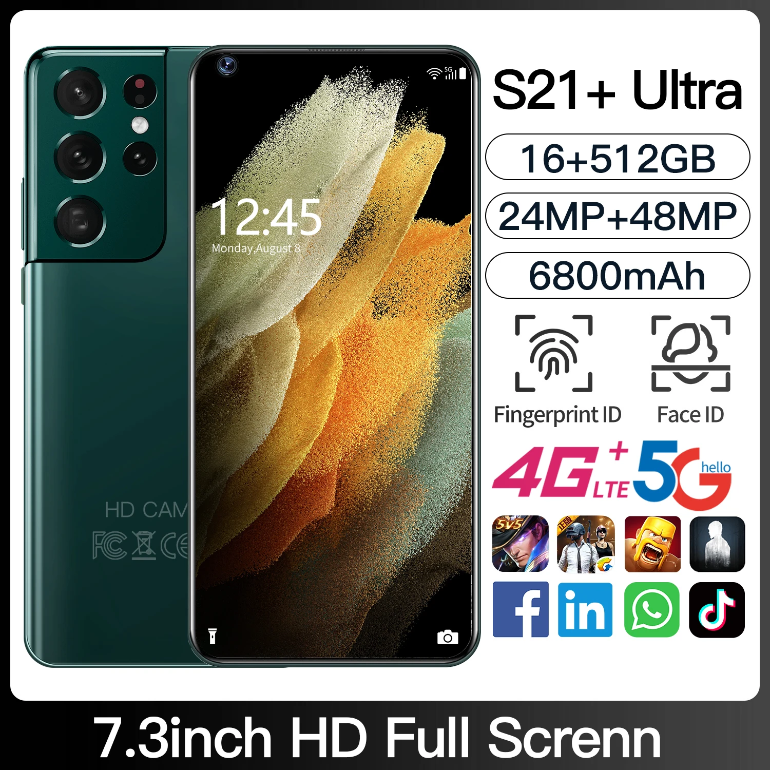 

S21+Ultra 1440*3040 24+48MP Dual SIM+Micro SD MTK6989 5G Mobile Phones 7.3 Inch Full Screen 16+512GB 6800MAH Fingerprint ID