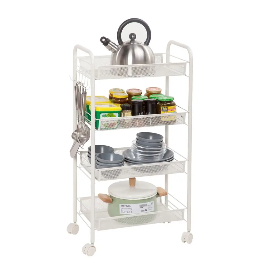 

House Exquisite Honeycomb Net Four Tiers Storage Cart With Hook Ivory White