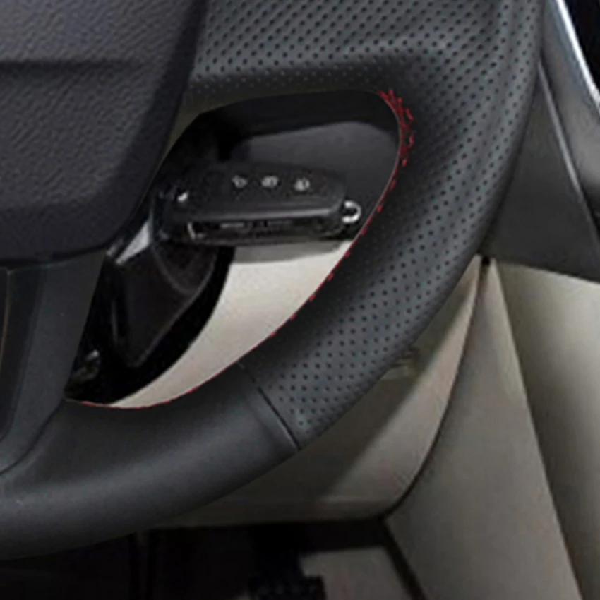 

LQTENLEO Black Genuine Leather Hand-stitched Car Steering Wheel Cover For Ford Focus 3 2015-2018 (No multi-function button)