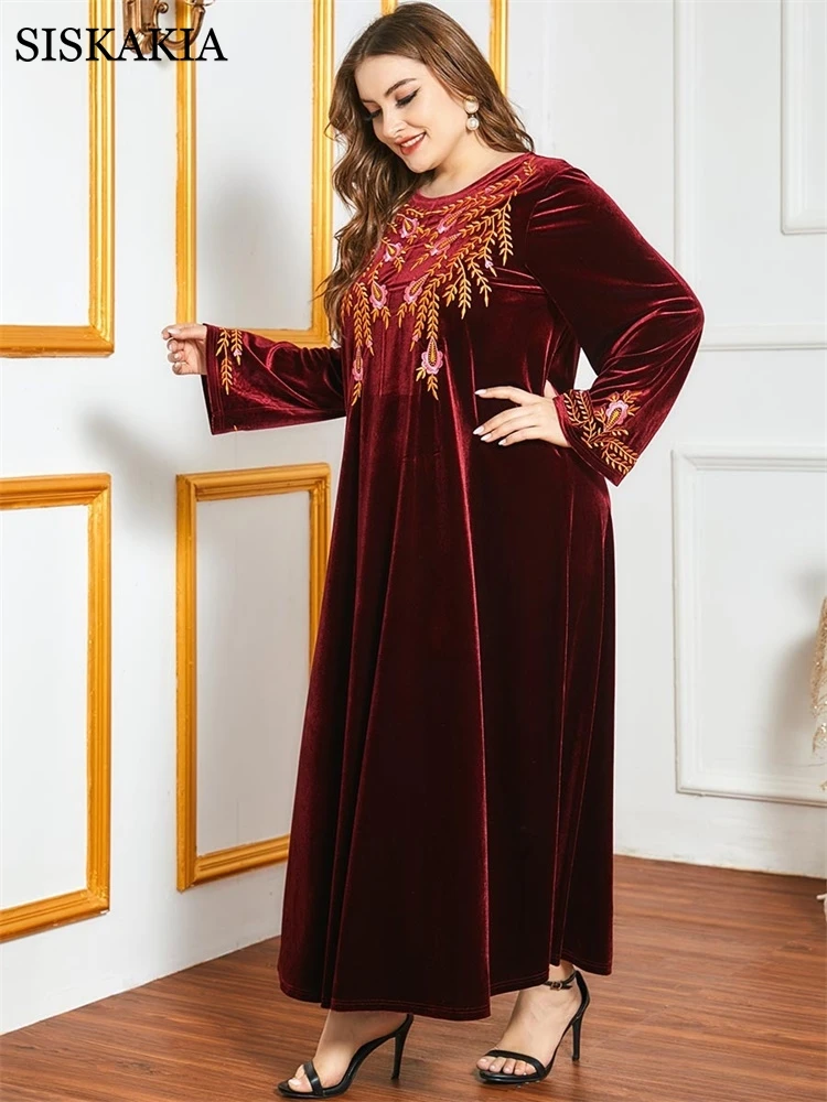 

Plus Size Velvet Embroidery Maxi Dress for Women Winter 2020 Dubai Elegant Burgundy Long Sleeve Muslim Arabic Clothes Thick Fall