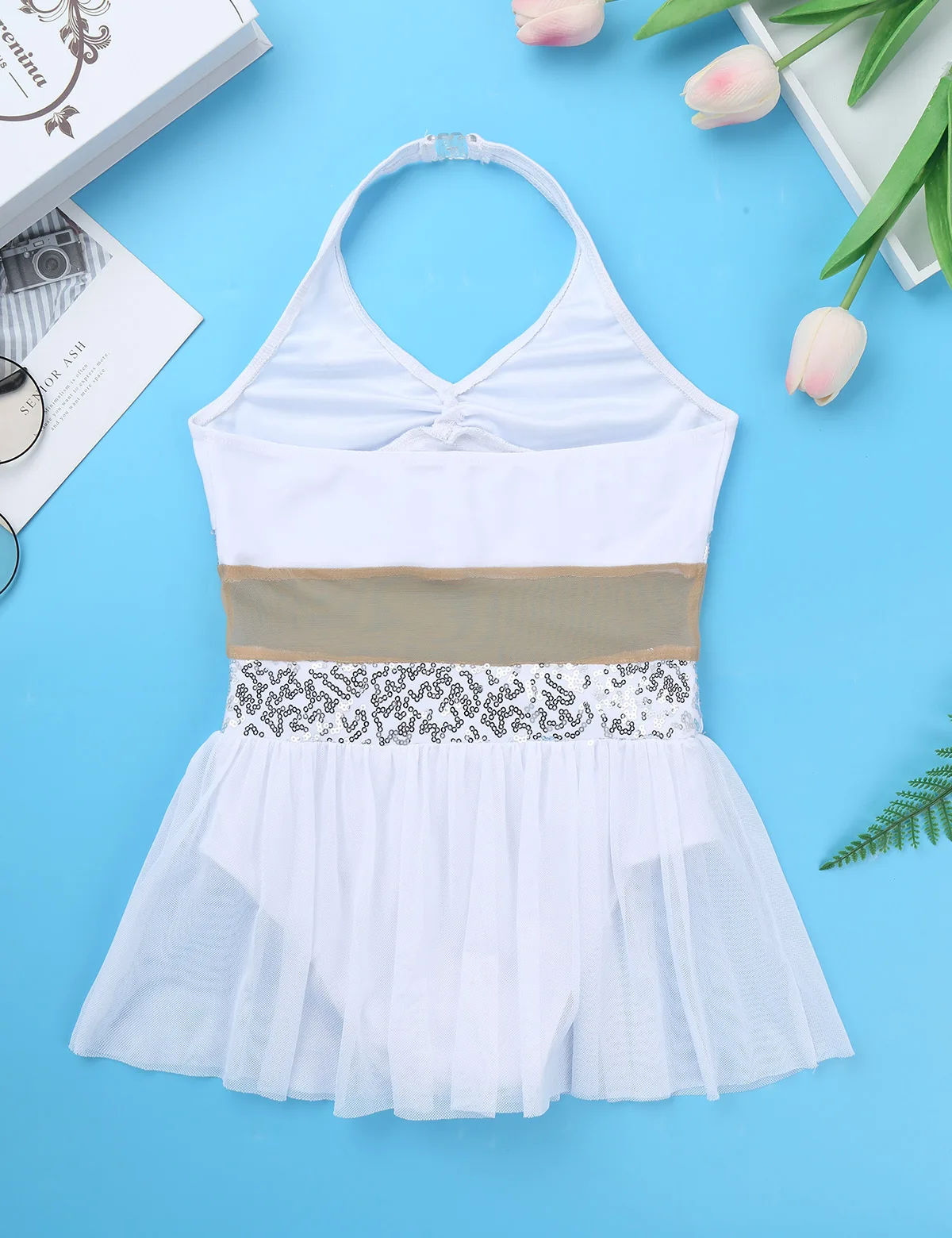ChicTry Girls Halter Sequin Mesh Stretchy Figure Skating Dress Gymnastics Ballet Leotard Kids Performance Lyrical Dance Costumes