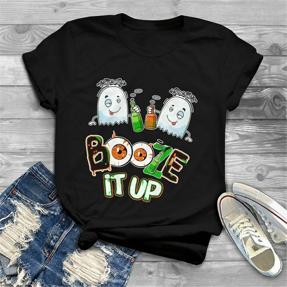 Черная футболка на Хэллоуин с принтом Boo Ghosts Drinking Booze It Up|Мужские футболки| |