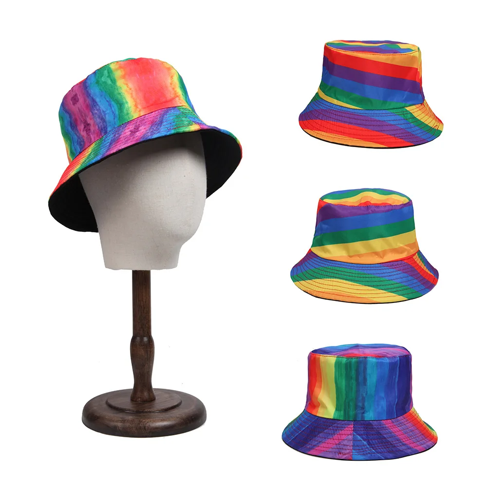 

New Double-sided Wear Fishing Hat Rainbow Color Matching Fisherman Cap Boys/Girls Summer Bucket Hats Seven-color Basin Hat