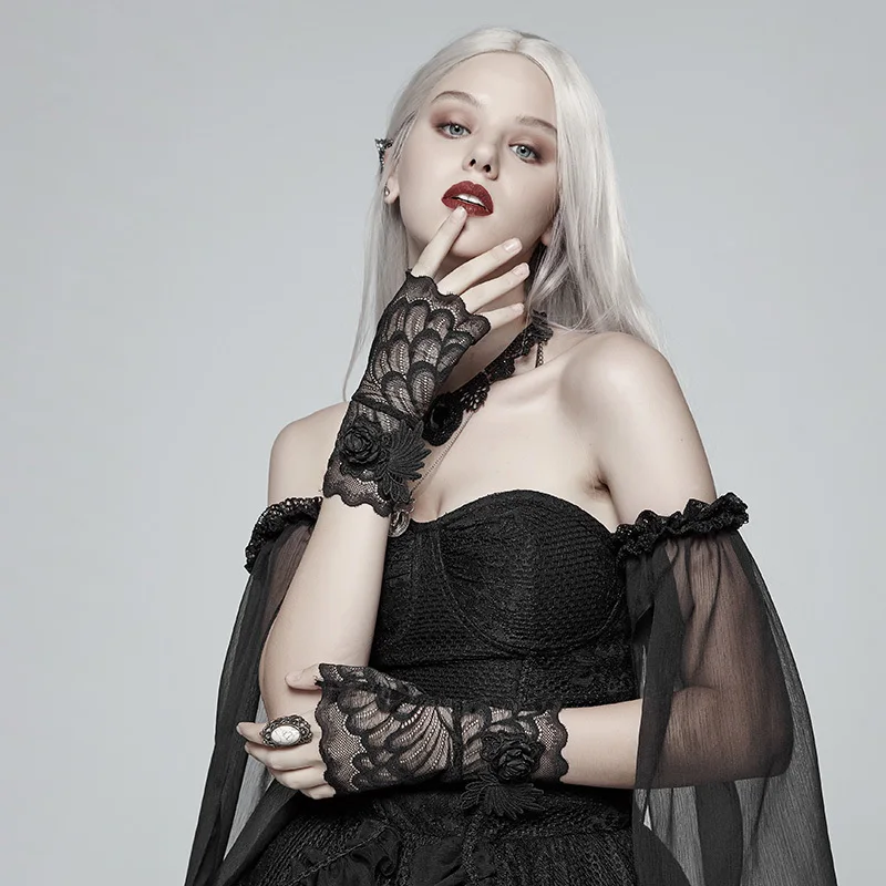 

Prom Halloween Party Club Gloves Women's Victorian Gothic Lolita Black Lace Floral Fingerless Gloves Women 1 Pair PUNK RAVE