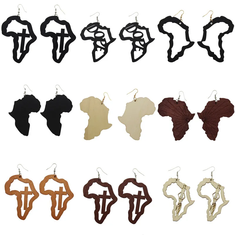 

5 Pairs Laser Engraved Afro Wooden Drop Earrings African Motherland Map Ethnic Tribal Pattern Handmade Jewelry For Black Women