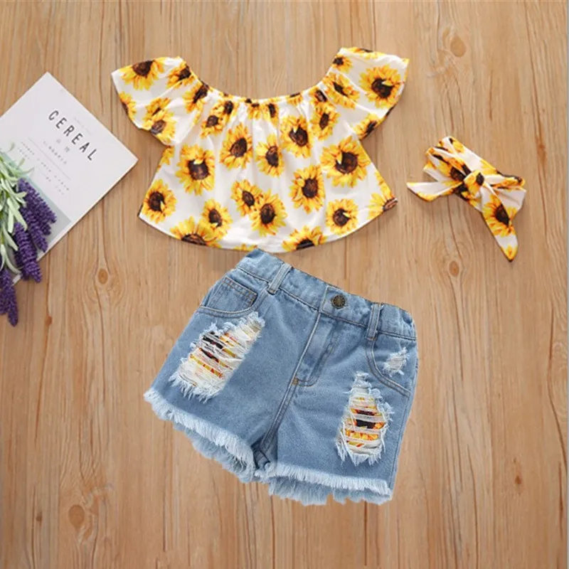 

2021 Girls Shorts Set Short Sleeve One-shoulder T Shirt Denim Ripped Shorts Suit Summer Kids Clothes Girls 2-6Y