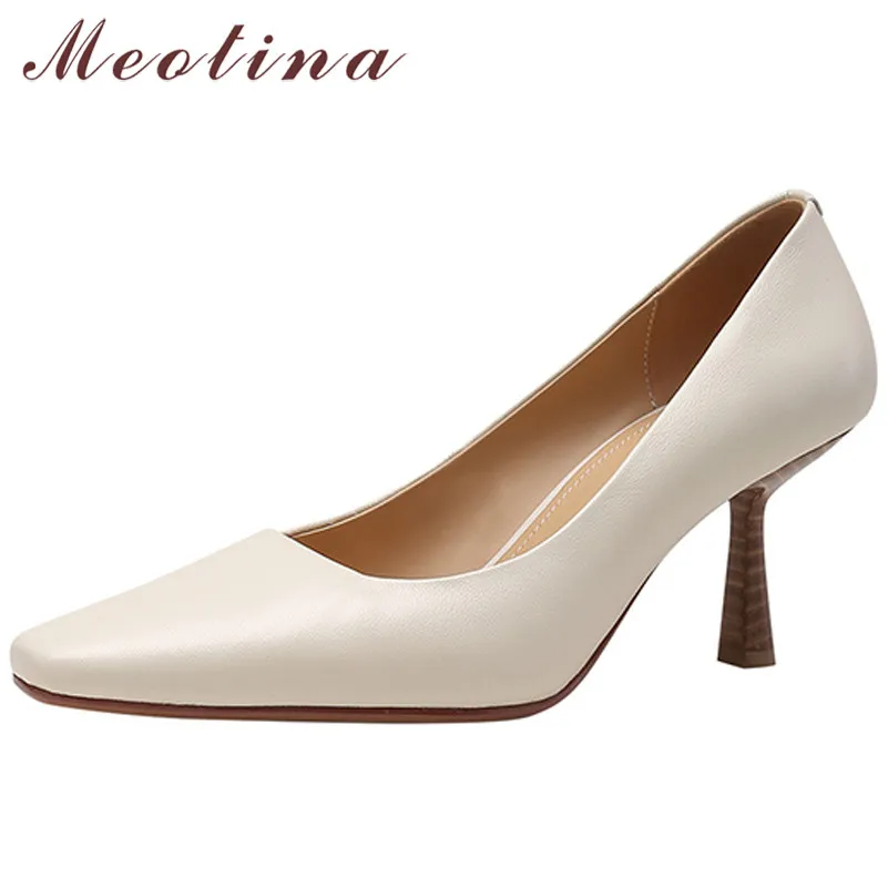 

Meotina Women Shoes Natural Genuine Leather High Heels Sheepskin Stiletto Heel Pumps Square Toe Office Ladies Footwear Apricot