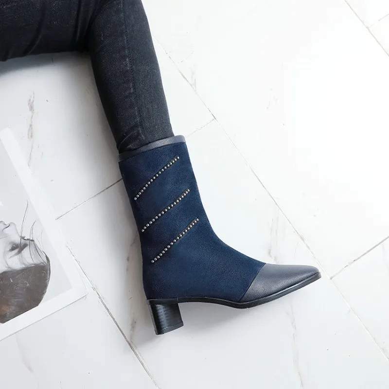 

Women's Boots New winter fashion Square head zipper Crystal mid heel Middle tube Women's shoes plus size 33-43 Heel Height 5cm