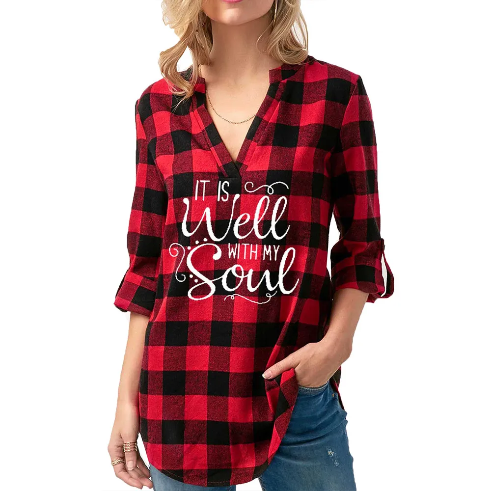 

Женская блузка в клетку с V-образным вырезом, атласная рубашка на бретельках, топы, футболки с длинным рукавом, осенние и летние повседневные...