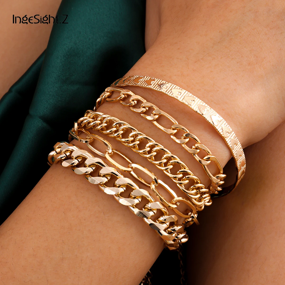 

IngeSight.Z 5Pcs/Set Kpop Rock Thick Miami Curb Bracelets on Hand Charm Gold Color Couple Bracelets Bangles for Women Jewelry