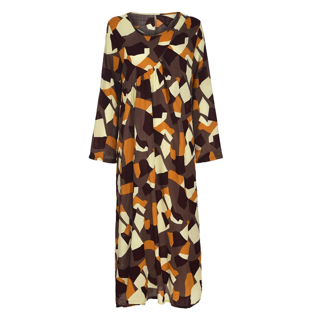 MISSOMO Maxi Dress Women Casual Plus Size vestidos Cotton Linen Print Long Sleeve Loose Boho robe femme vintage 815 | Женская одежда