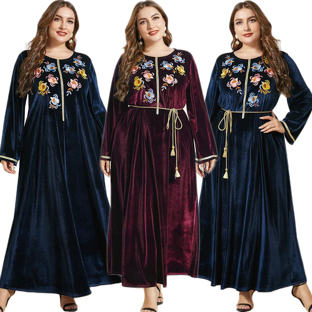 

Fashion Vintage Floral Embroidery Long Sleeve Casual Loose Velvet Long Dress Women Muslim Arabic Abaya Middle East Dubai Kaftan