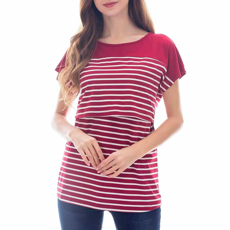 Style B Red Полосатая Женская одежда для беременных с круглым вырезом и цветочным принтом, топы для кормящих мам, футболка для грудного вскармливания с длинным рукавом - Цвет: Style B Red