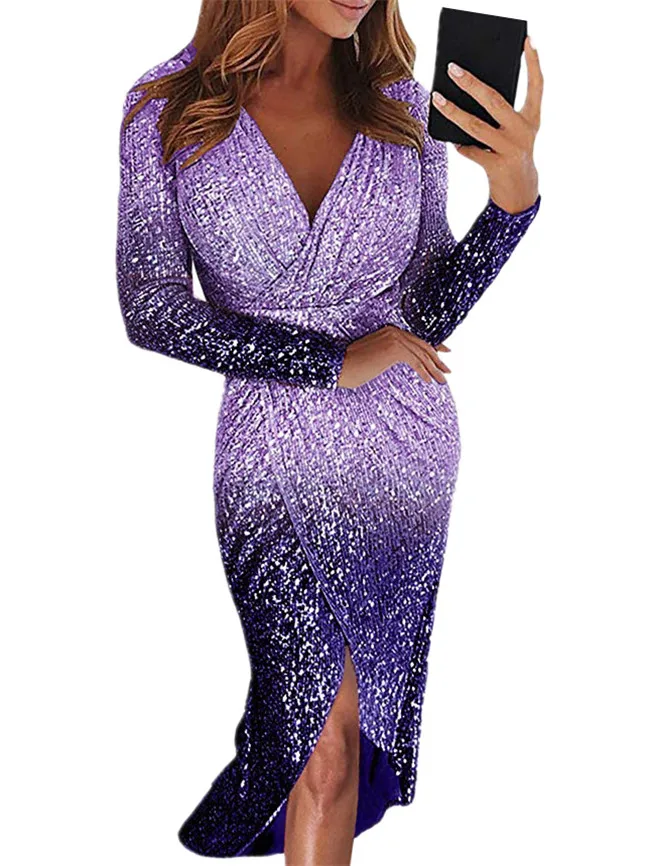 

Females Dress Glitter Gradient V Neck Long Sleeve Elegant Dresses Womens Front Split Club Party Night Robe Vestidos