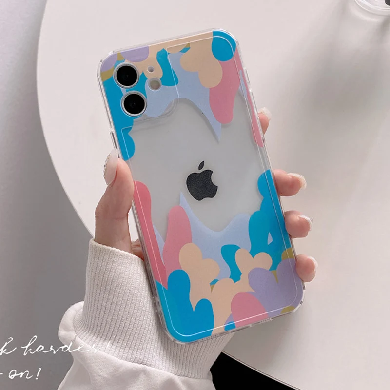 

Colorful Camouflage Graffiti Phone Case For iPhone 12 11 Pro MAX XS XR 12 Mini 7 8 Plus Transparent Soft TPU Silicone Back Cover