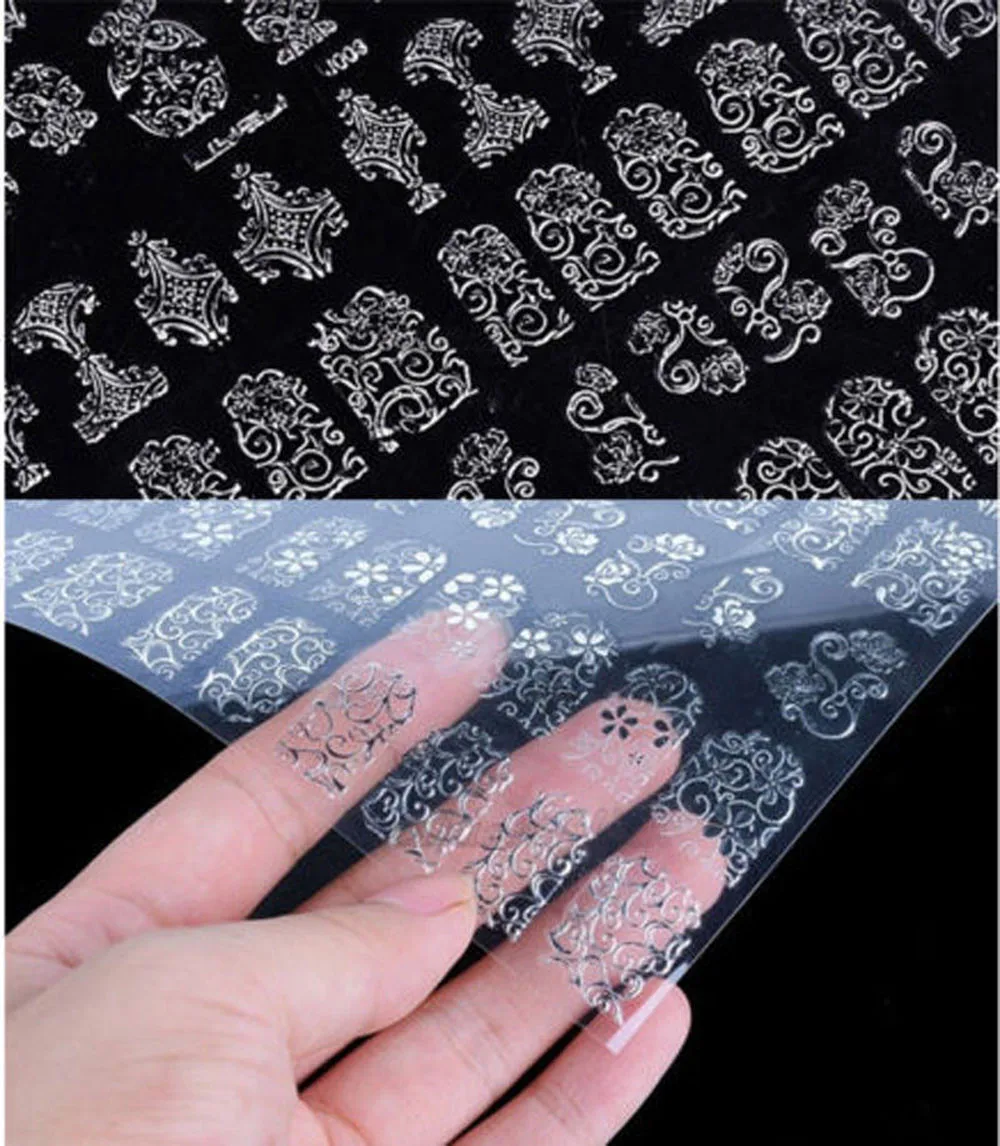 Изящные 108 шт 3D наклейки для дизайна ногтей с серебряным цветком - Фото №1
