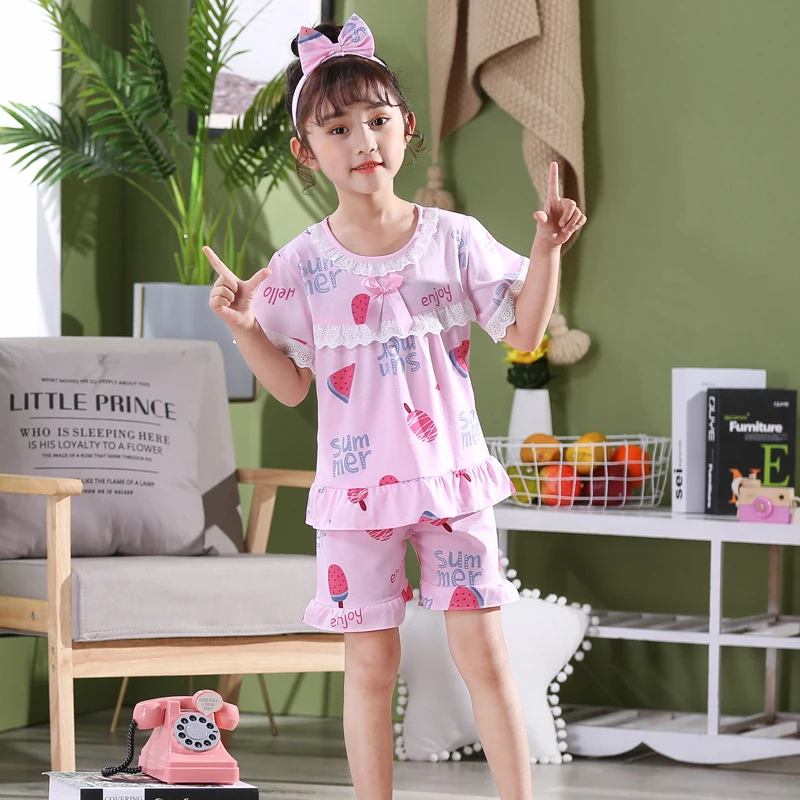 Пижамный комплект для девочек 2 шт./компл. детская одежда сна хлопковая кружевная