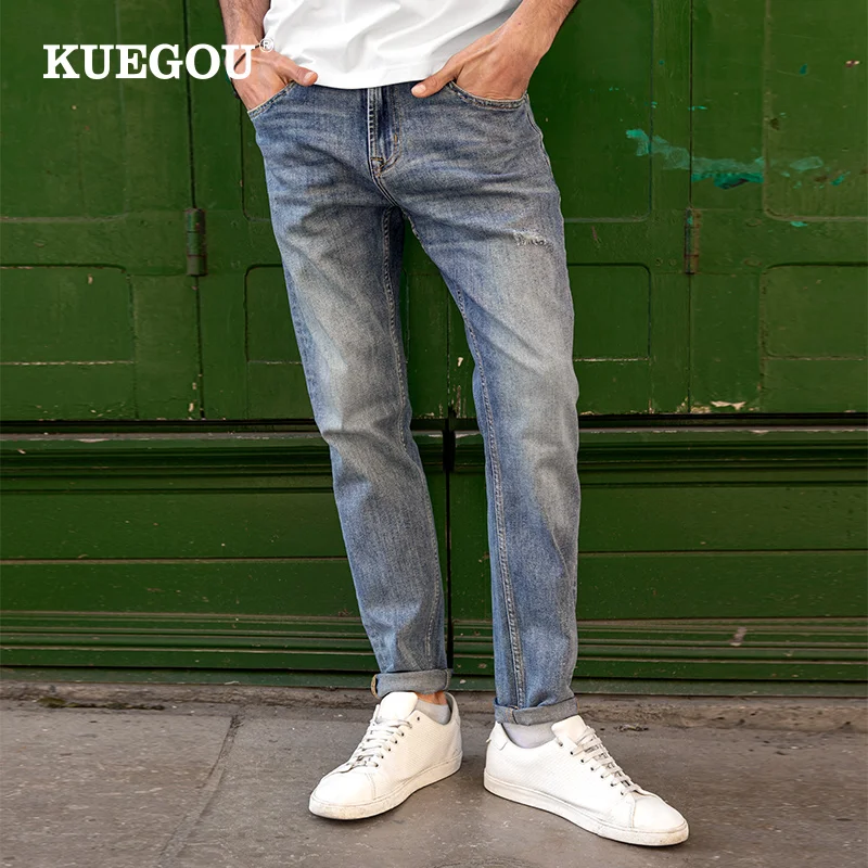 

KUEGOU 2022 New Autumn Clothing Men Jeans Scratched Wear Slim Fashion Trousers Stretchy Vintage Denim Pants Plus Size 1961