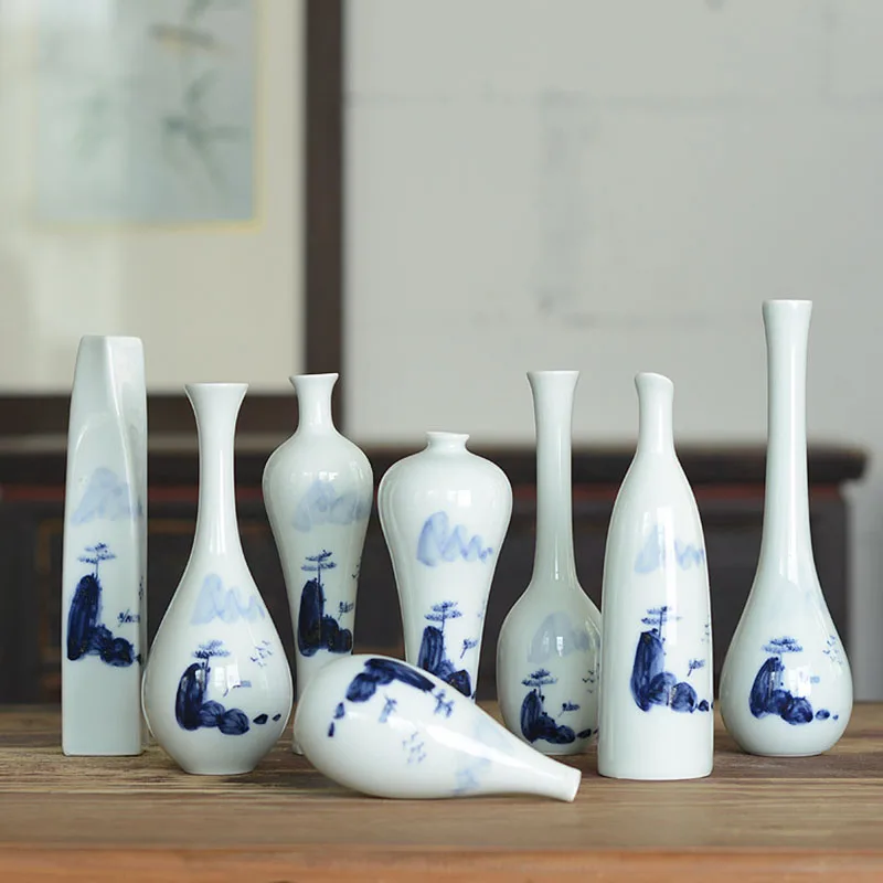 

Цзиндэчжэнь, креативная керамическая Маленькая ваза ручной работы, украшение для дома, чайный коврик, ручная роспись, синий и белый Ландшаф...