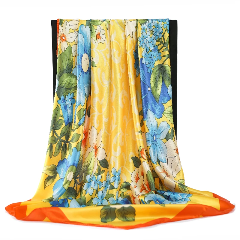 

Роскошные брендовые шарфы для женщин, шаль с принтом, Шелковый Атласный хиджаб, женский шарф 90*90 см, модные квадратные шарфы для женщин, зимн...