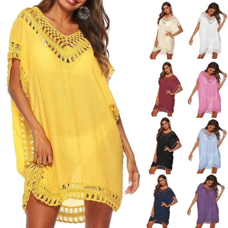 

Lace Crochet Dress Baggy Clothing Batwing Sukienka Deep V Neck Sexy Fashion One Shoulder Dress Holiday Hollow Out Dress Solid