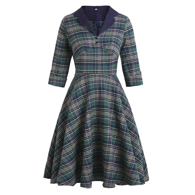 

Women 1950s Retro Cocktail Party Dress 3/4 Sleeve Sexy Plaid Swing Dresses