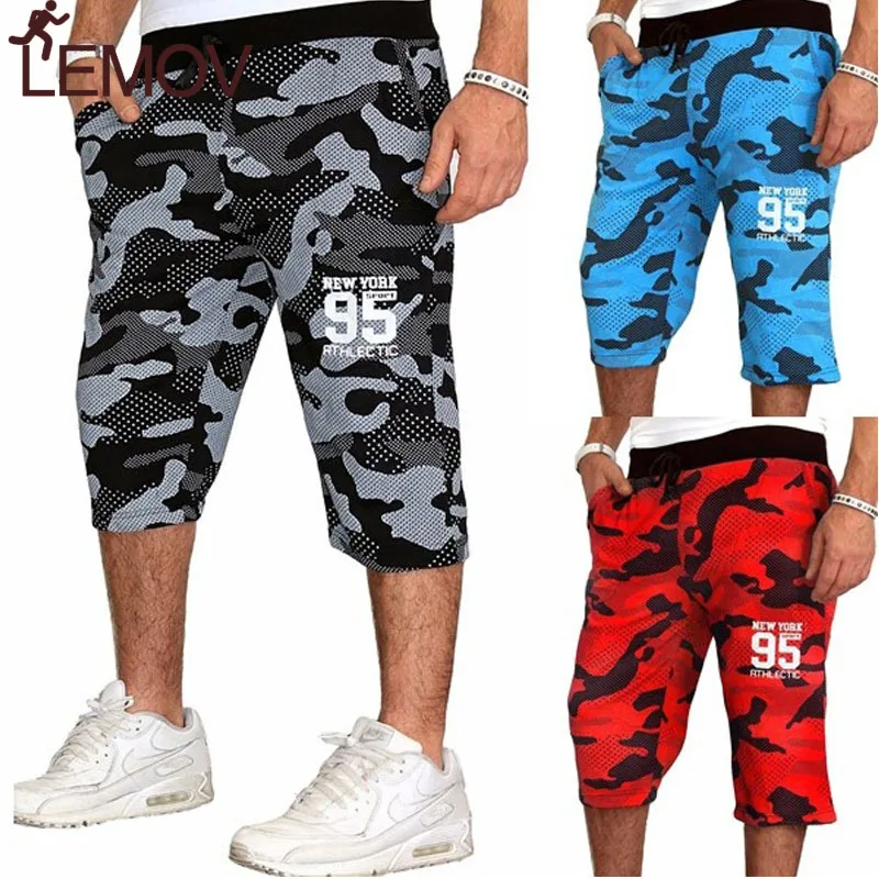 Мужские спортивные шорты LEMOV синие/красные камуфляжные для бега 2018|Мужские