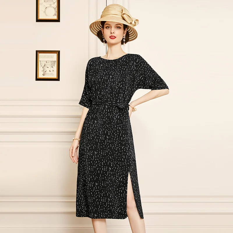 

SHZQ Silk Dress 2021 New Summer Round Neck Temperament Medium Sleeve Fashion Mulberry Silk Skirt Children's Medium Length