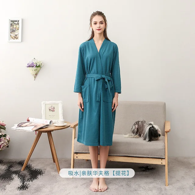 Women green Весенне-осенний парный халат с v-образным вырезом, одежда для сна, банный халат, повседневное однотонное китайское кимоно, свободное интимное нижнее белье, халаты - Цвет: Women green