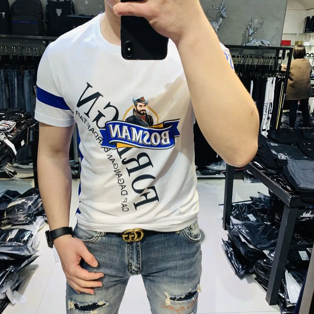 

European and American popular printed pattern mercerized cotton T-shirt men's summer new style youth fashion short sleeves