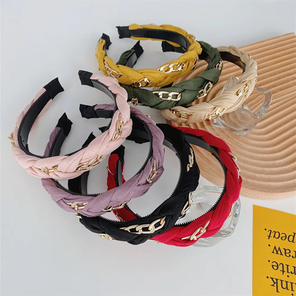 

Fashion hair accessories women’s alloy chain braided wide-brimmed headbands pleated suede velvet twist braid headband hair band
