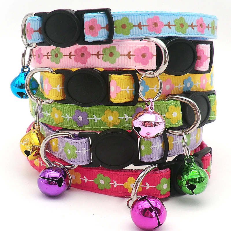 

New Flowers Printing Dog Collar With Bell Adjustable Cat Collars Neck Ring Universal Safety Buckle Pet Neck Strap Dog Accessory