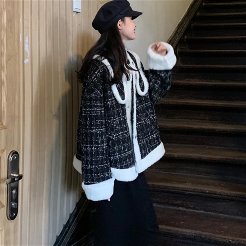 Женское шерстяное пальто толстое твидовое Свободное в клетку с кроличьими