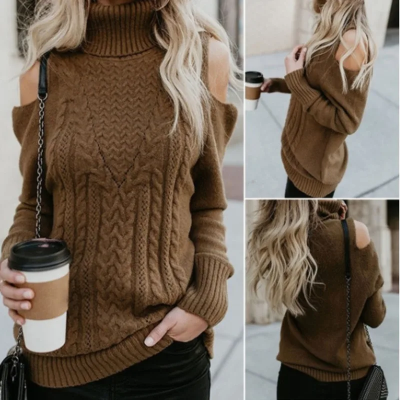 

2021 Autumn New Knitted Solid Color Sweater Long Sleeve Top Off Shoulder Sweater Turtleneck Women Clothing Textured Panel Tops