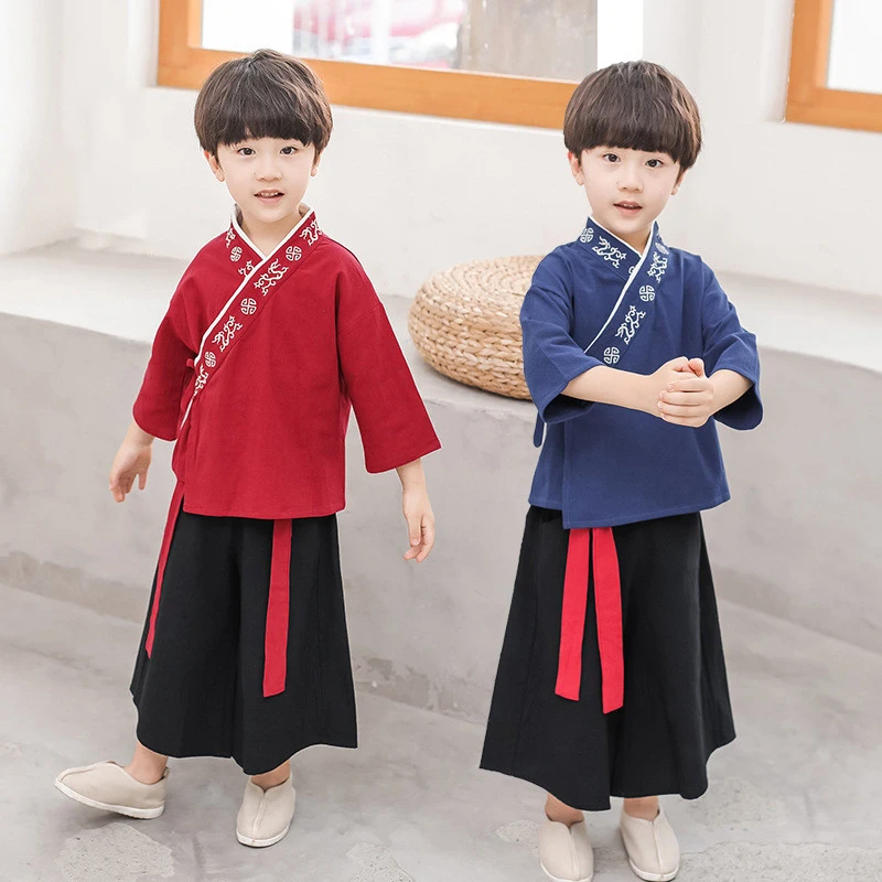 

Chinese Traditional Hanfu Embroidery Clothing For Girls Children Tang Suit Tops Pant Ancient Oriental Boy Kung Fu Clothing Party