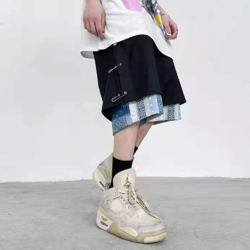 

Two Fake Pieces Cashew Print Side Button Casual Shorts Men and Women Elastic Waist High Street Oversize Summer Short