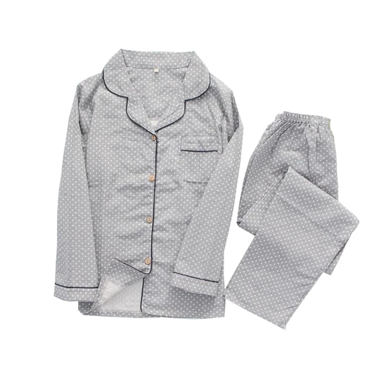 

Japanese new spring and autumn ladies pajamas suit cotton double-layer gauze long-sleeved dot cardigan summer home service women
