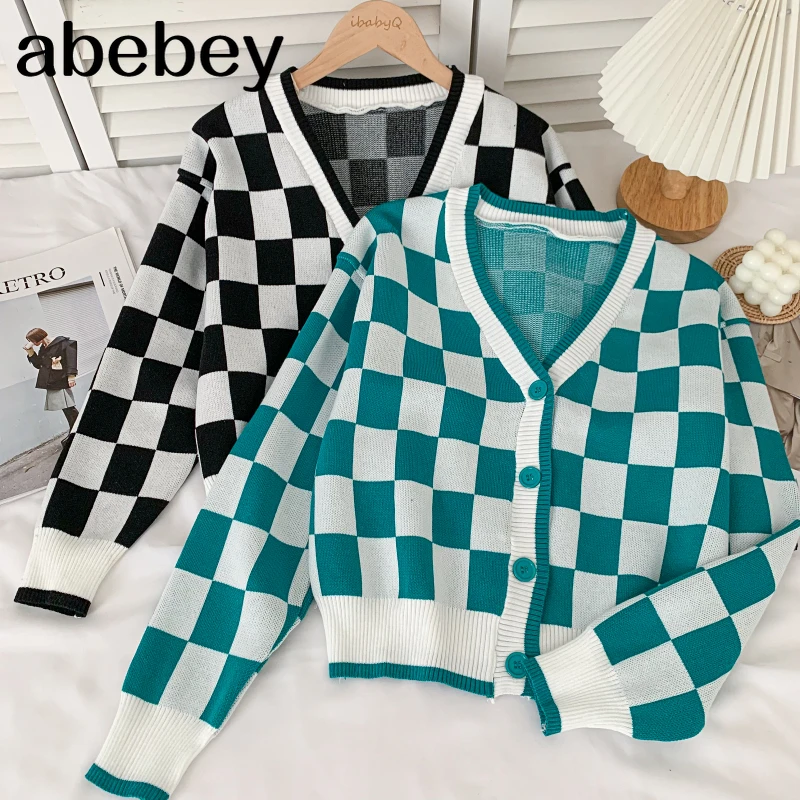

Vintage V-Neck long sleeve knitted Cardigan hit color patchwork Plaid single breasted short Sweater Top 2021 New Autumn Winter