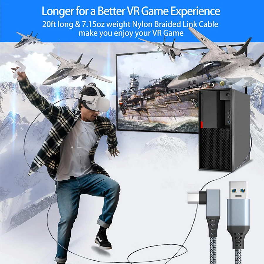 

3M/5M/6M 16FT Oculus Quest 2 Link Cable Quest Link USB3.2 Gen1 USB-C Virtual Reality Headset USB-C To USB-C Fast Charging Cable