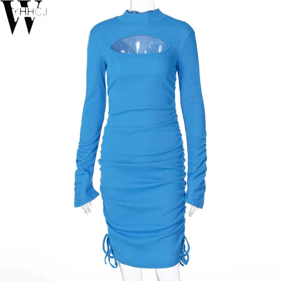 

WYHHCJ Sexy Hot Fashion 2020 Women Draw string Bodycon Dresses Long Sleeve Autumn Hollow Out Party Clubwear Skinny Mini Dress